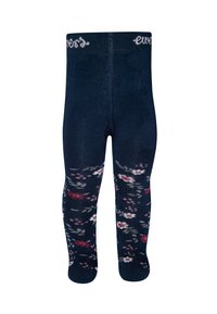 Navy tights with floral patterns in shades of red, pink, and grey. Fabric features a ribbed texture and a soft waistband with brand logo.