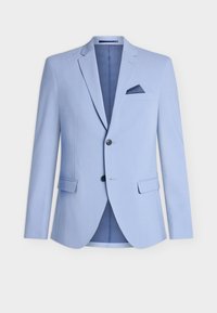 Hellblaues Blazer aus glattem Stoff, ausgestattet mit einem Reverskragen, zwei Fronttaschen, zwei Knöpfen und einer Brusttasche mit navyfarbigem Akzent.