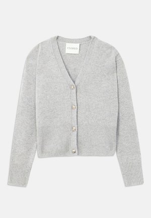 Grå ullblandings cardigan med V-hals, lange ermer, ripede kanter og fem runde knapper foran. Myk tekstur, klassisk design.