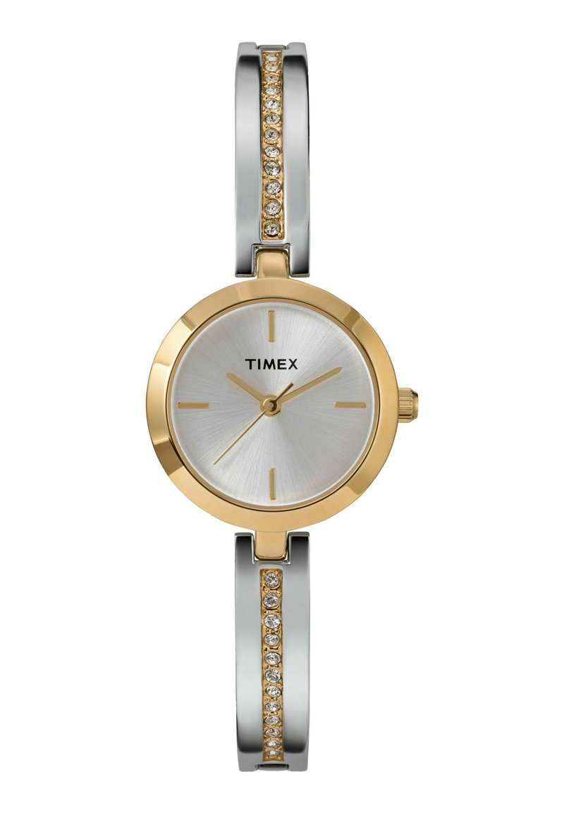 Timex watch with a silver-tone round case, gold-tone bezel, silver dial, gold accents, and a bracelet featuring clear crystal details.
