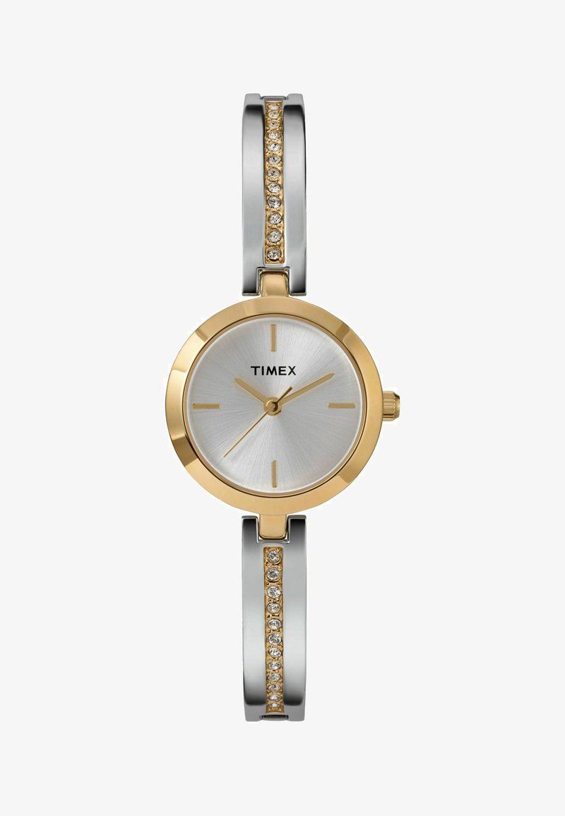 Timex watch with a silver-tone round case, gold-tone bezel, silver dial, gold accents, and a bracelet featuring clear crystal details.