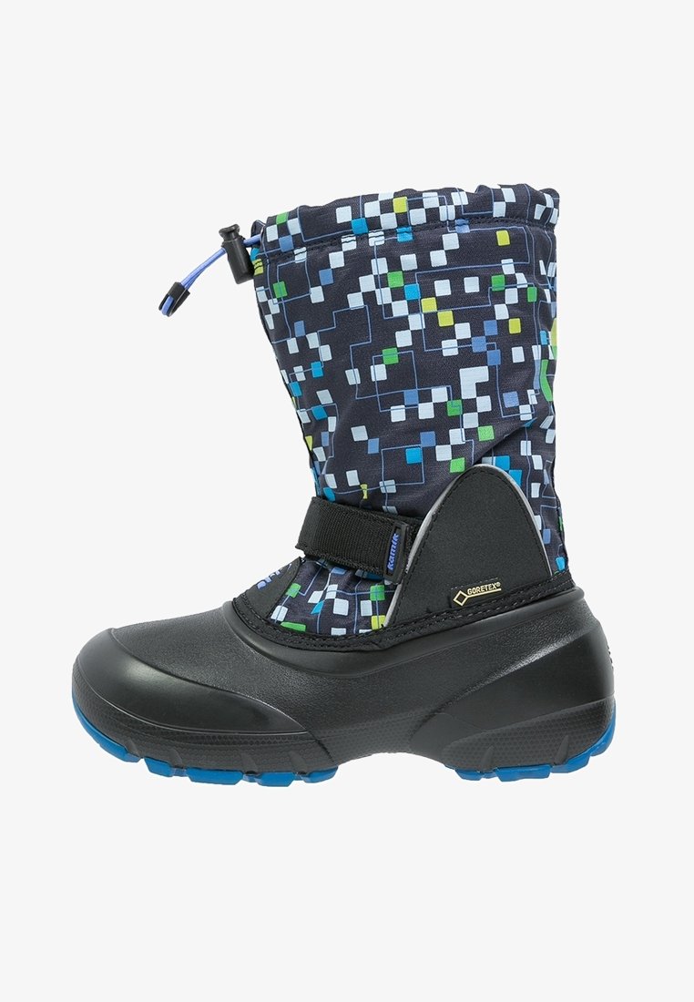 Bottes d'hiver pour enfants avec une base en caoutchouc noire imperméable et une tige en textile bleu marine à motifs géométriques bleus, verts et blancs.