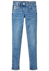 Modré skinny džíny z denimu s pěti kapsami, předním knoflíkem a poutky na pás, s lehkým vyblednutím a kontrastním šitím.