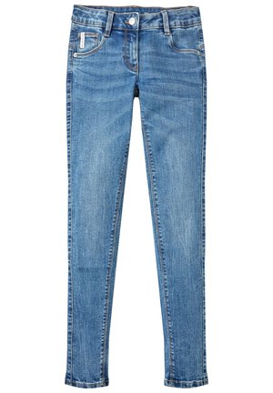 Jean en denim slim-fit bleu avec cinq poches, bouton avant et passants de ceinture, présentant un léger délavage et des coutures contrastées.