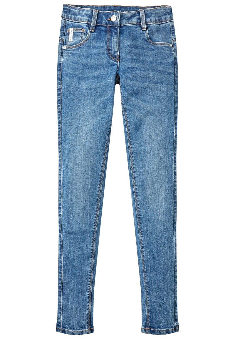 Modré skinny džíny z denimu s pěti kapsami, předním knoflíkem a poutky na pás, s lehkým vyblednutím a kontrastním šitím.