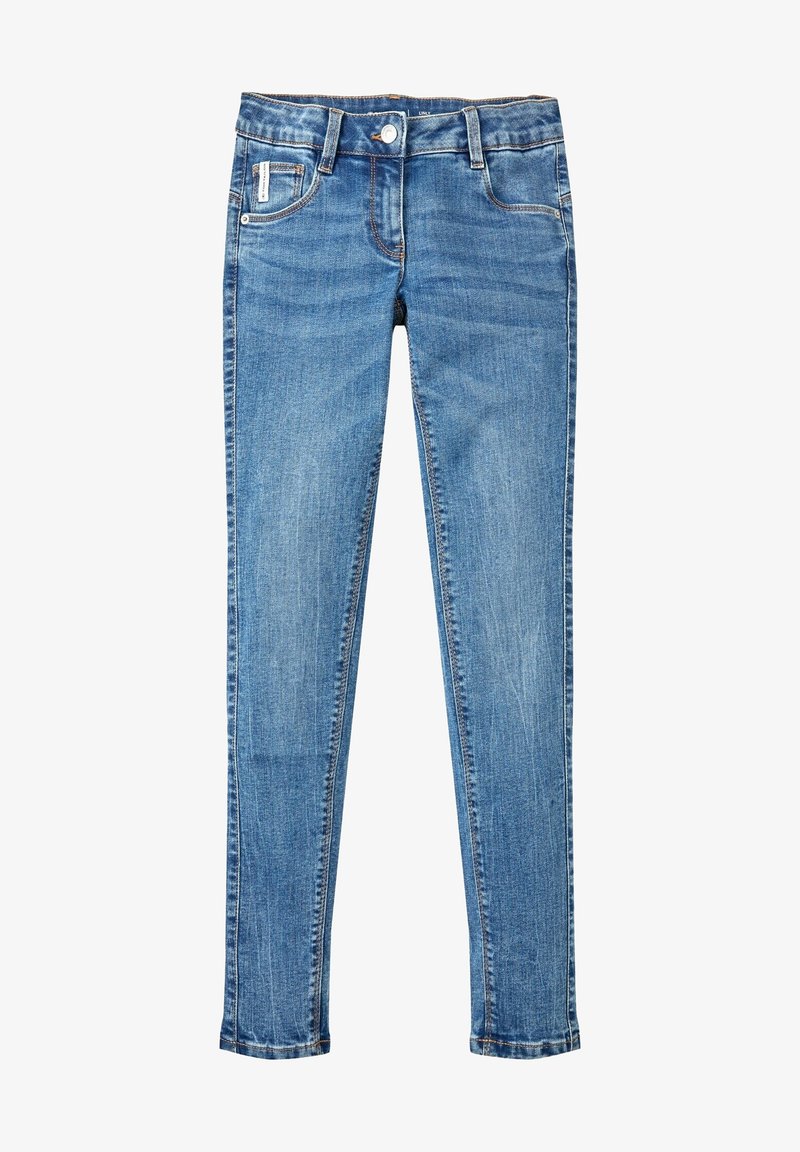 Modré skinny džíny z denimu s pěti kapsami, předním knoflíkem a poutky na pás, s lehkým vyblednutím a kontrastním šitím.