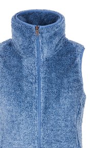 Hellblaues Fleeceweste mit hohem Kragen, durchgehendem Reißverschluss und weichem, strukturiertem Stoff. Mit ärmellosem Design und subtilen Farbnuancen.