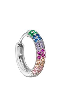 Créole en argent avec un dégradé de pierres colorées : vert, bleu, violet, rose et orange, présentant une finition lisse et polie.