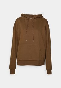 Felpa cappuccio marrone realizzata in morbido tessuto, con tasca a marsupio, polsini a coste e lacci. Vestibilità ampia con un design semplice.