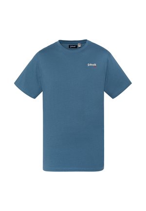Blå bomulds t-shirt med korte ærmer. Har en rund hals og et lille logo trykt på brystet i kontrastfarver.