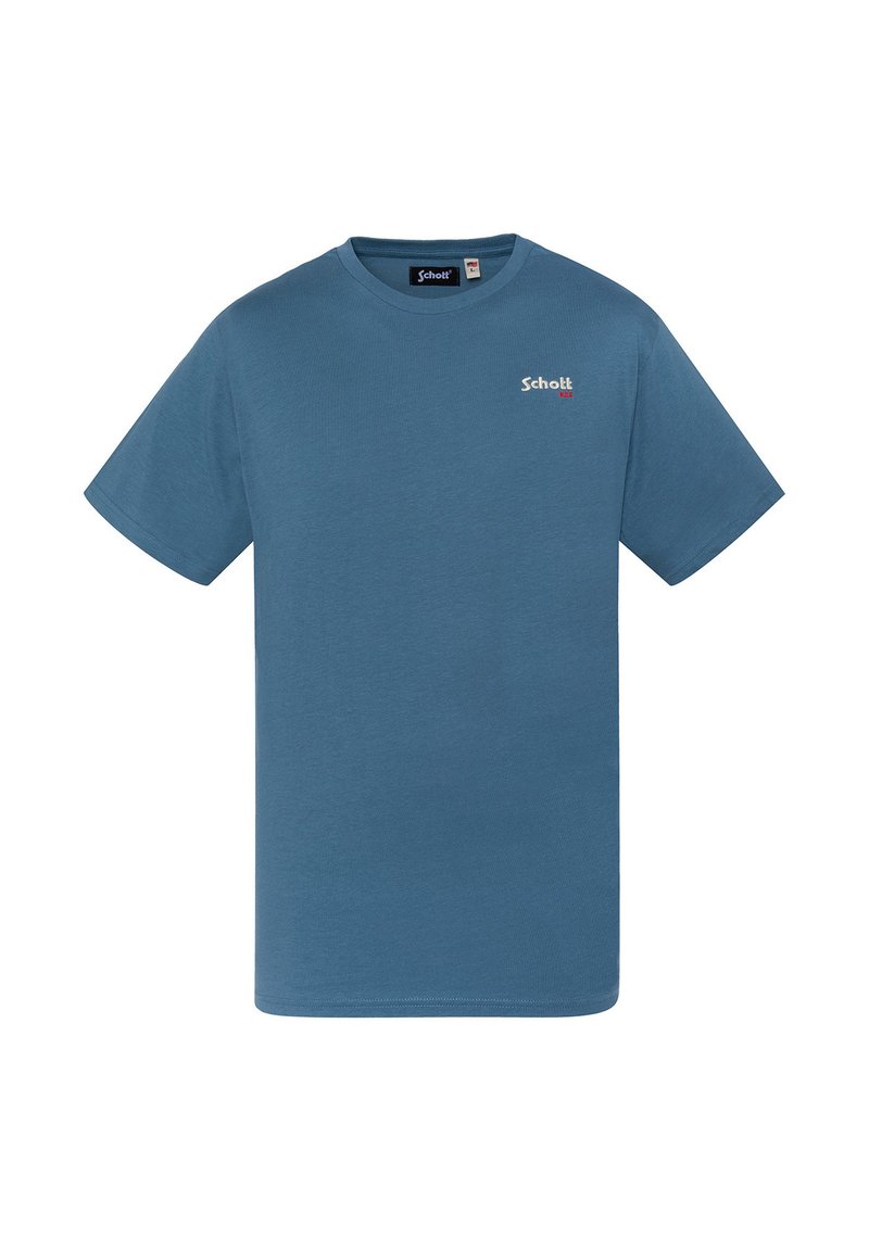 T-shirt en coton bleu à manches courtes. Présente un col ras du cou et un petit logo imprimé sur la poitrine dans des couleurs contrastées.