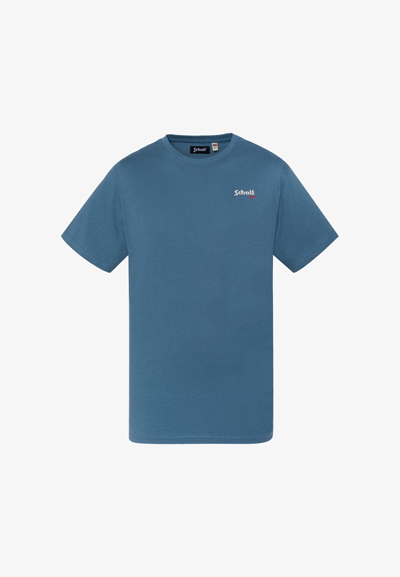 T-shirt in cotone blu con maniche corte. Presenta un collo rotondo e un piccolo logo stampato sul petto in colori contrastanti.