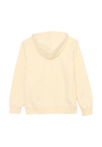 Felpa giallo chiaro con cappuccio regolabile, maniche lunghe, polsini e orlo a coste, realizzata in tessuto morbido e textured. Vista posteriore mostrata.