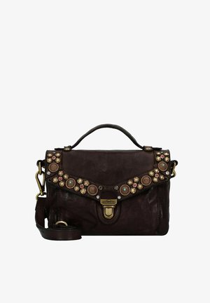 Borsa in pelle marrone con patta, borchie decorative multicolori e una chiusura dorata. Include una tracolla rimovibile.