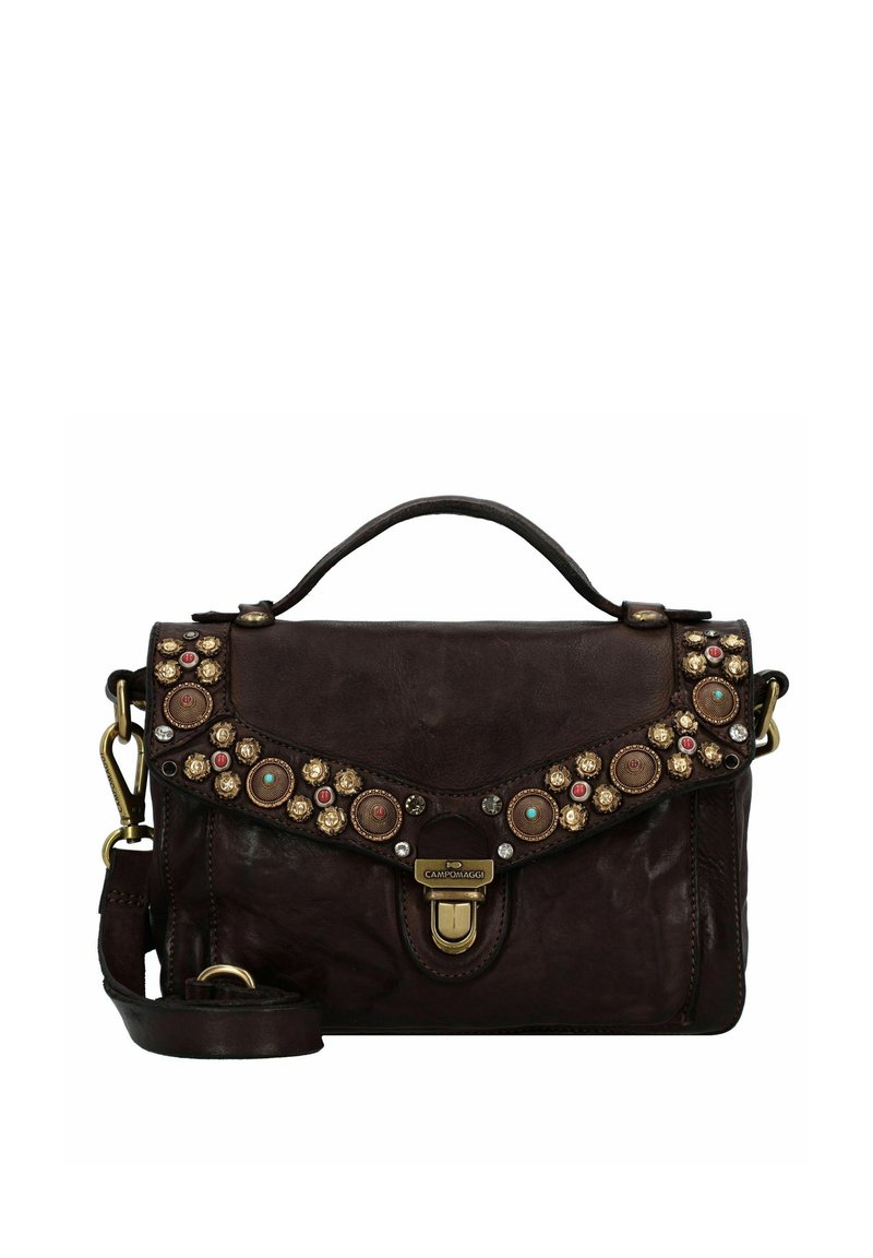 Borsa in pelle marrone con patta, borchie decorative multicolori e una chiusura dorata. Include una tracolla rimovibile.
