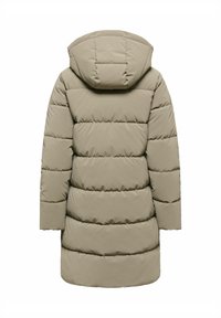 Beige dunjakke med hætte, der har quiltet tekstur, lange ærmer og en lige pasform. Lavet af let, isoleret materiale.