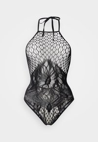 Μαύρο ολόσωμο μαγιό με λουρί γύρω από το λαιμό, διακοσμημένο με σχέδιο από δίχτυ και διακριτικές λουλουδένιες δαντέλες, με εφαρμοστή γραμμή.