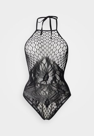 Maillot de bain une pièce noir à col halter, présentant un design en résille avec des accents en dentelle florale et une silhouette ajustée.