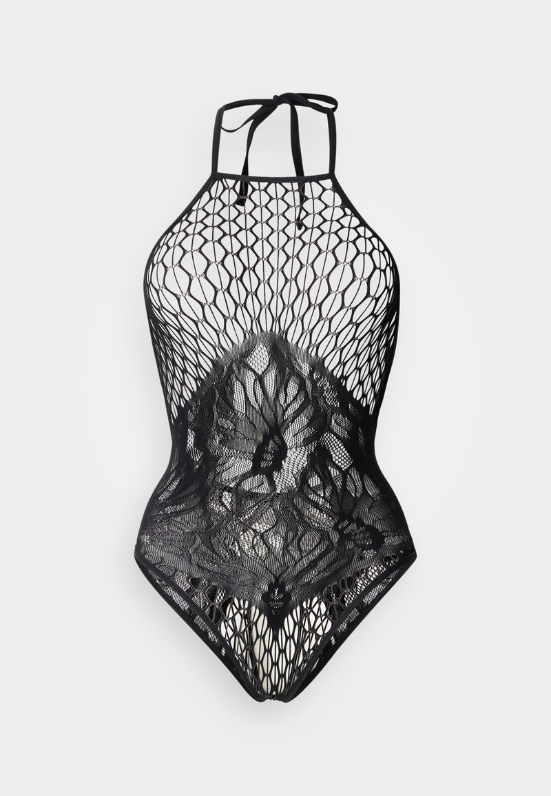 Μαύρο ολόσωμο μαγιό με λουρί γύρω από το λαιμό, διακοσμημένο με σχέδιο από δίχτυ και διακριτικές λουλουδένιες δαντέλες, με εφαρμοστή γραμμή.