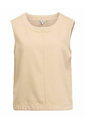 Haut en coton beige sans manches avec encolure ronde et couture centrale décorative.