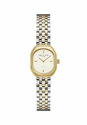 Zegarek na bransoletce z ogniw metalowych w kolorze złotym i srebrnym, z zaokrągloną, prostokątną, złotą kopertą oraz minimalistyczną, białą tarczą wskazującą godzinę 10:10.