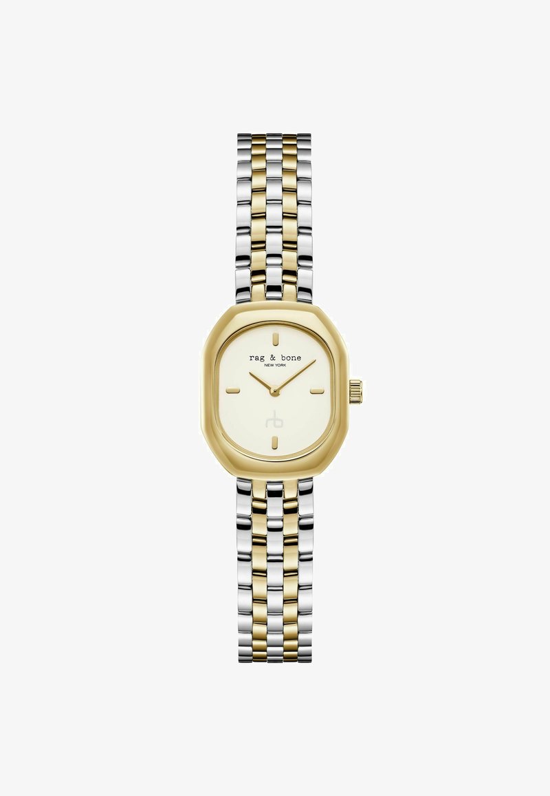 Montre-bracelet à bracelet chaîne en métal doré et argenté avec boîtier arrondi rectangulaire en or et cadran blanc minimaliste affichant l'heure 10h10.