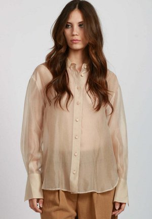 Camicia button-up beige trasparente con maniche lunghe, sottile texture lucida e bottoni chiari, abbinata a pantaloni color beige.