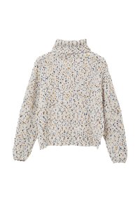 Pull en tricot avec col montant, présentant une base crème et des éclats multicolores en bleu, jaune et violet. Texture côtelée et coupe ajustée.