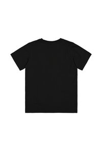 Camiseta de algodón negra de manga corta, con cuello redondo y un diseño sencillo. No hay gráficos ni texto visibles en la parte posterior.