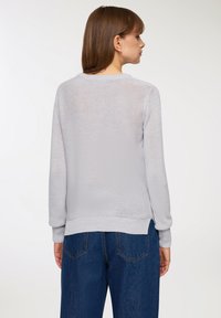 Maglione a maglia grigio chiaro con scollatura rotonda e maniche lunghe. Presenta un orlo a coste e una vestibilità comoda. Indossato con jeans in denim blu.