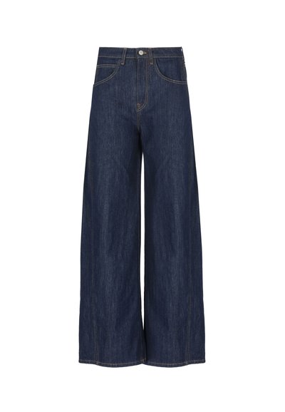 Løse jeans i mørkeblå denim med høj talje, fem-lomme design, kontrasterende orange syninger og en glat tekstur.