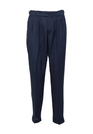 Navyblauwe broek van een zachte stof, met een geplooid ontwerp, zijzakken en een getailleerde pasvorm met opgerolde manchetten.
