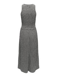 Robe sans manches en maille texturée noir et blanc avec un haut ajusté et une jupe midi évasée, vue de dos sur un fond blanc.