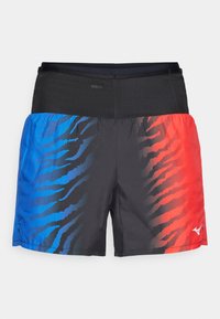 Herrarnas träningsshorts med svart midja, blå till röd gradient med abstrakt tigerstripe-mönster, lättviktig tyg och ventilerande design.