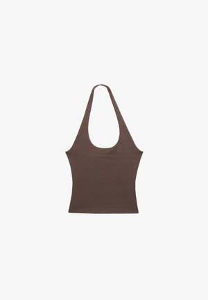 Rjava brezrokavnik s preširokim okroglim izrezom in oprijetim pasom, prikazan na belem ozadju.