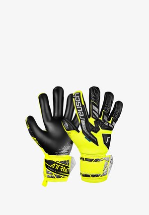 Guanti da portiere con palmo in lattice nero, retro sintetico giallo brillante, grip testurizzato e supporto rinforzato per il polso per maggiore stabilità.