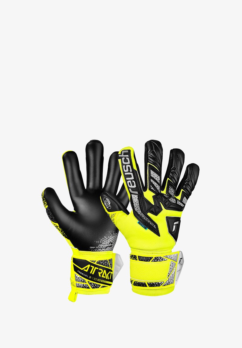 Torwarthandschuhe mit schwarzem Latex-Handflächen, hellgelbem synthetischem Rückhand, strukturiertem Grip und verstärkter Handgelenksunterstützung für Stabilität.