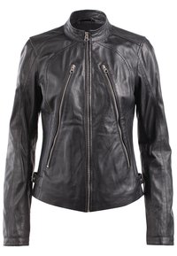 Schwarze Lederjacke mit Stehkragen, Front-Reißverschlüssen und zwei schrägen Seitentaschen. Sie verfügt über eine taillierte Passform mit glatter Textur.
