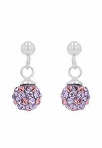 Pendientes de stud de cristal púrpura y rosa con un acabado de metal en tono plateado, presentando un diseño redondo y texturizado adornado con pequeñas piedras.