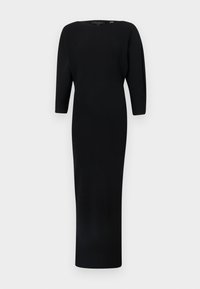 Robe noire à manches longues en côte, avec un buste ajusté et une jupe droite. Texture lisse avec un col rond et un minimalisme dans les détails.