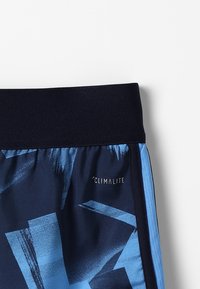 Pantalones cortos marinos con una cinturilla texturizada. El diseño incluye patrones abstractos azules. Logotipo "Climalite" impreso en el lado izquierdo.
