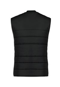 Czarna ocieplana kamizelka bez rękawów, z poziomym przeszyciem, okrągłym dekoltem i gładką fakturą materiału.