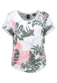 Lyhythihainen paita, jossa on pyöreä kaula-aukko, valkoinen pohja vihreillä ja vaaleanpunaisilla trooppisilla lehtikuosisilla, sekä etutasku. Pehmeä ja kevyt kangas.