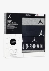 Coffret jeunesse Jordan Flight en coton extensible, comprenant quatre pièces : deux sous-t-shirts gris à col ras du cou et deux boxer bleus marine avec logos.