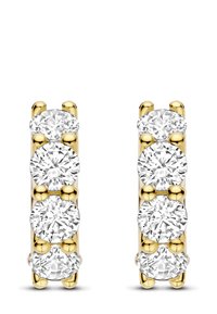 Goldene Creolen-Ohrringe, die jeweils mit drei großen runden weißen Edelsteinen besetzt sind, die von Krappen in einer vertikalen Linie gehalten werden.