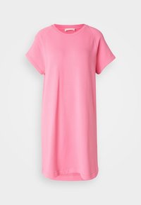 Vestido de algodón rosa casual con mangas raglán cortas, cuello redondo y un ajuste holgado, con un dobladillo recto a la altura de la rodilla.