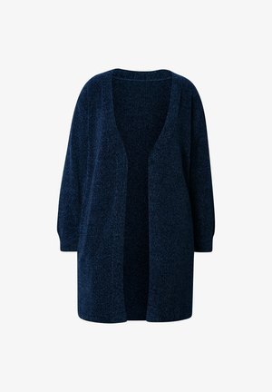 Granatowy sweterek dziergany o luźnym kroju, otwarty z przodu i z rękawami o długości trzech czwartych. Miękka faktura z niewielkimi różnicami w odcieniu.