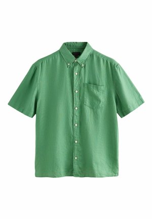 Zelená košeľa s krátkym rukávom na gombíky, zapínaný golier a jedna náprsá kapsa na bielom pozadí.