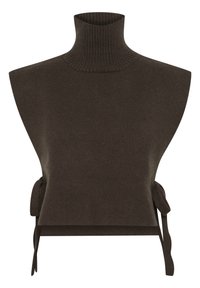Ciemnobrązowy skrócony sweter z wysokim żebrowanym kołnierzem, z bocznymi trokami i miękką fakturą. Smukły design z kanciastą sylwetką.