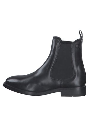 Botte Chelsea en cuir noir avec panneau latéral élastique, languette de tirage à l'arrière et talon bas, vue de côté extérieur sur fond blanc.